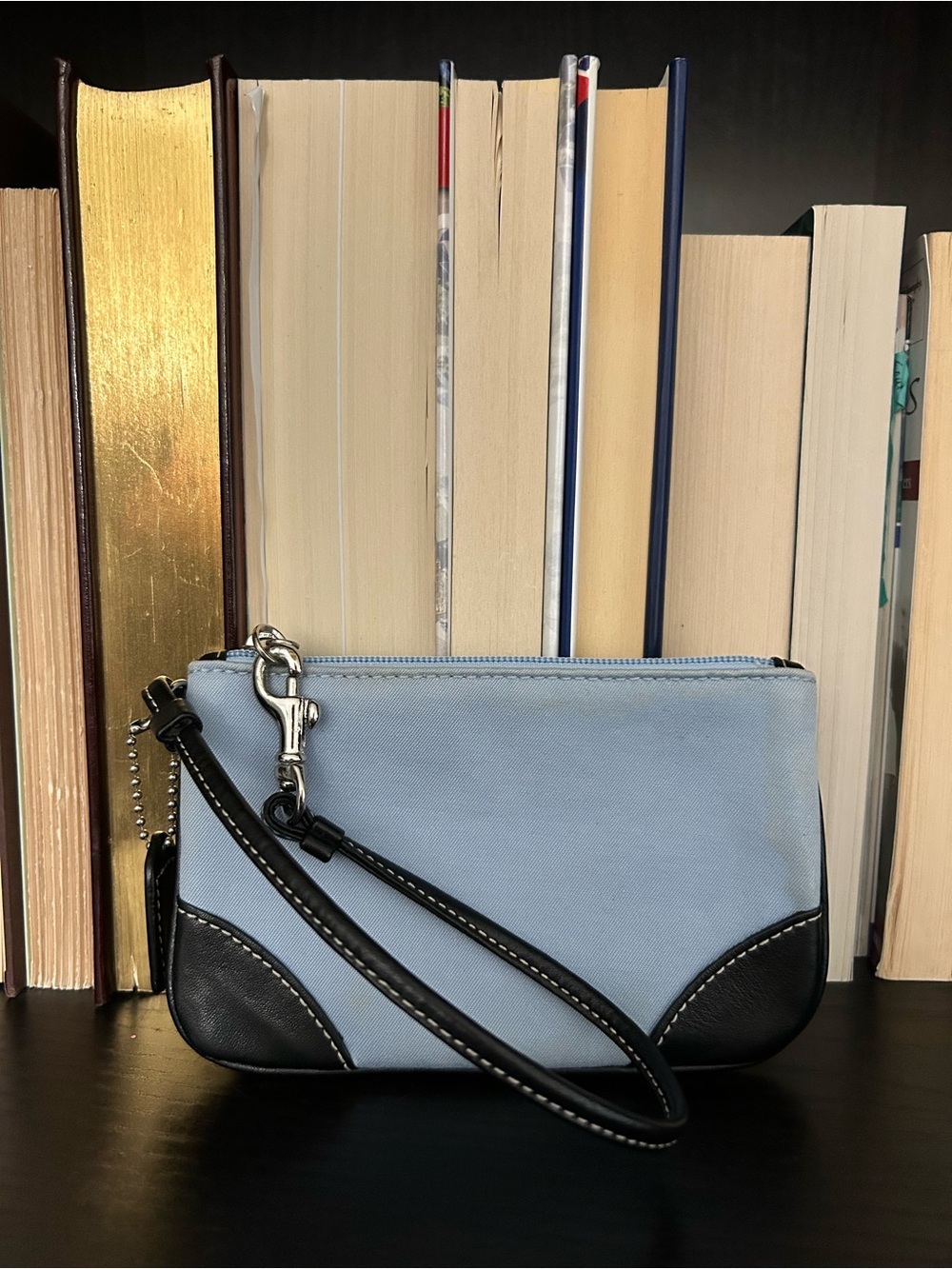 Coach Wristlet - Light Blue Canvas with Black Leather